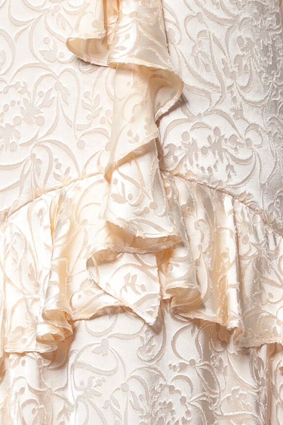 Flock print silk dress with flounces