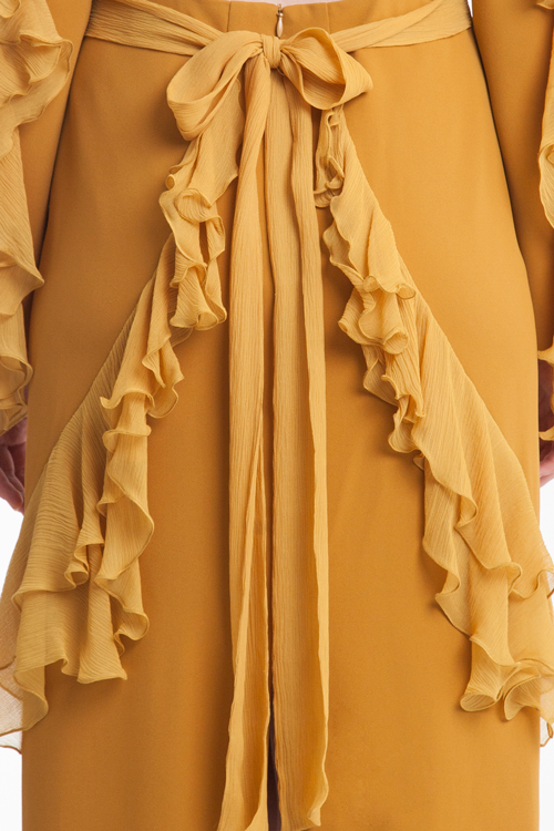 Mustard midi open back dress with flounces
