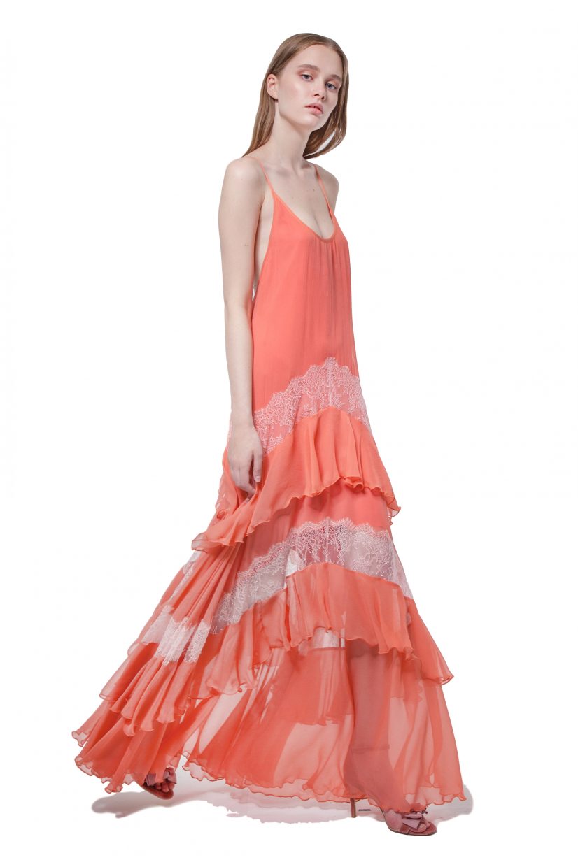 Peach silk maxi dress with lace