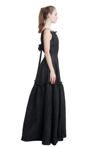 Black jacquard evening gown with open back and bow