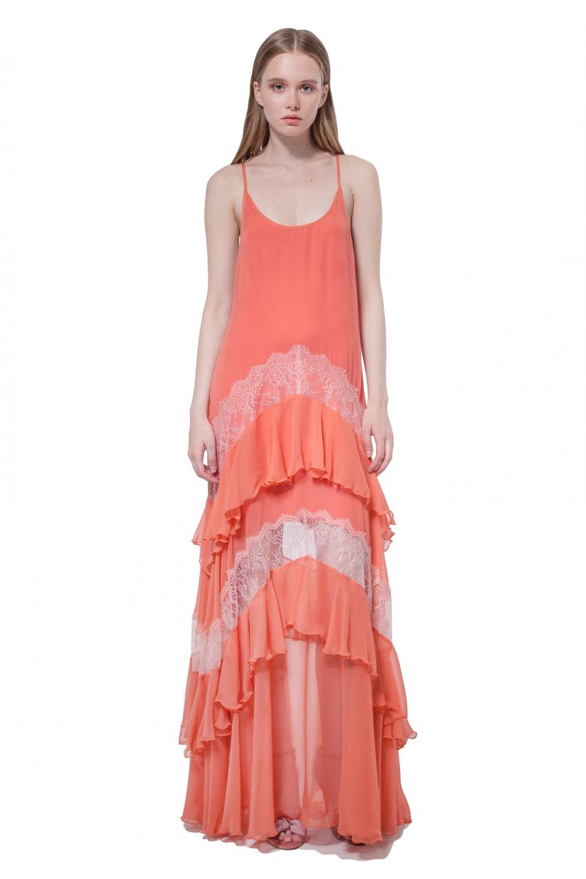 Peach silk maxi dress with lace