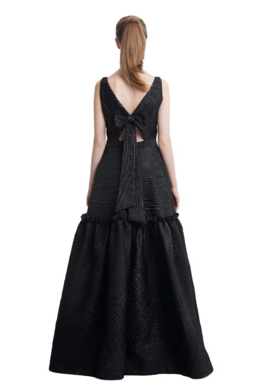 Black jacquard evening gown with open back and bow