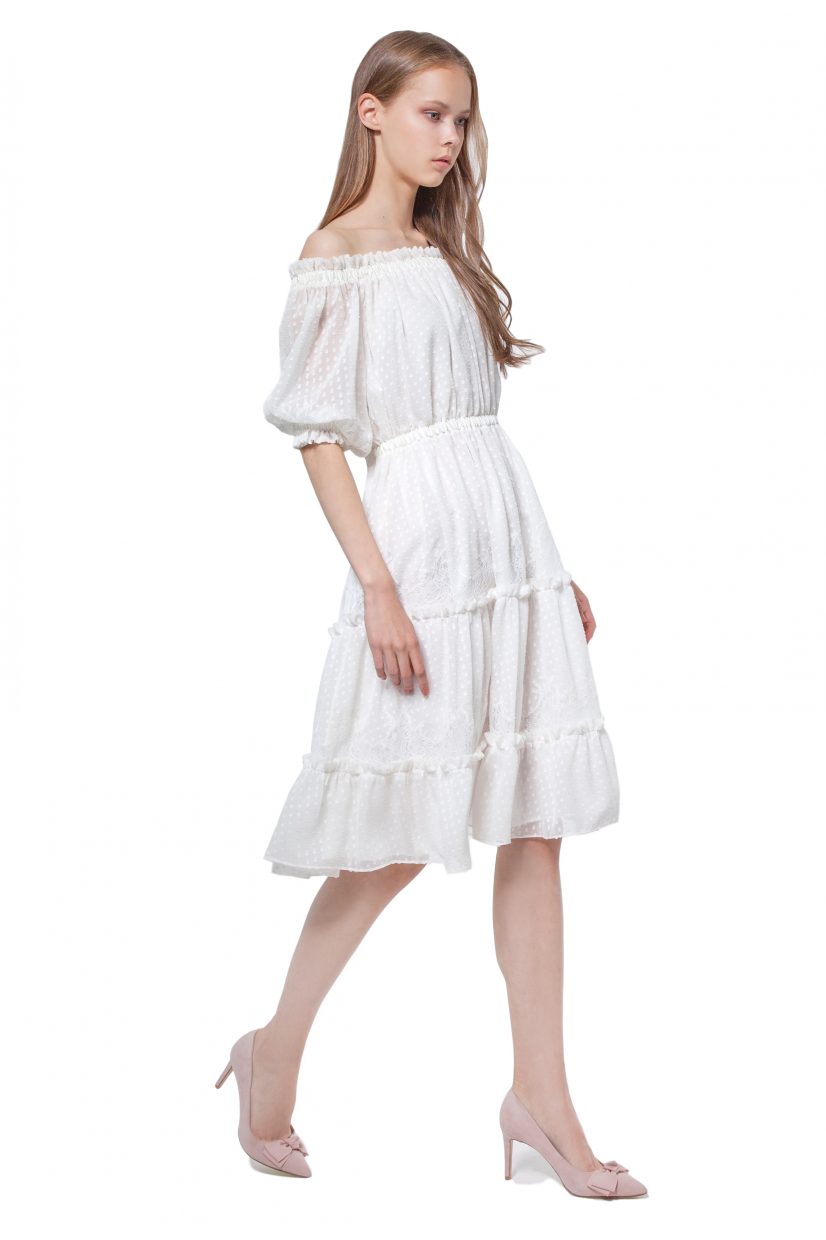 White off-shoulder dotted silk dress