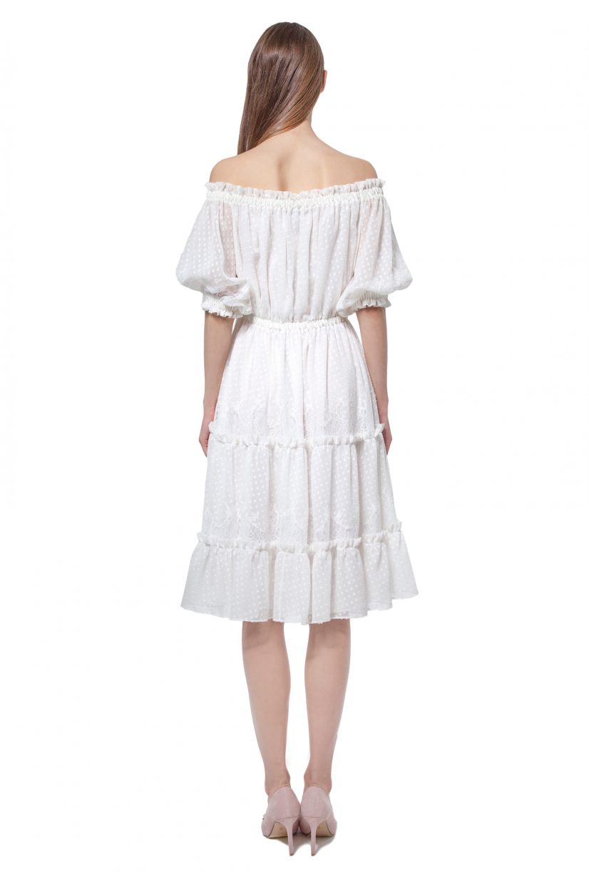 White off-shoulder dotted silk dress
