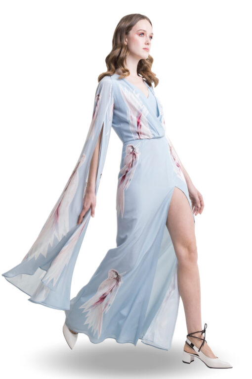 Sky blue maxi dress with draped top and cape sleeves