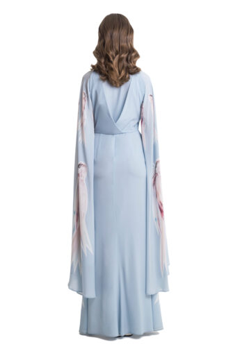 Sky blue maxi dress with draped top and cape sleeves