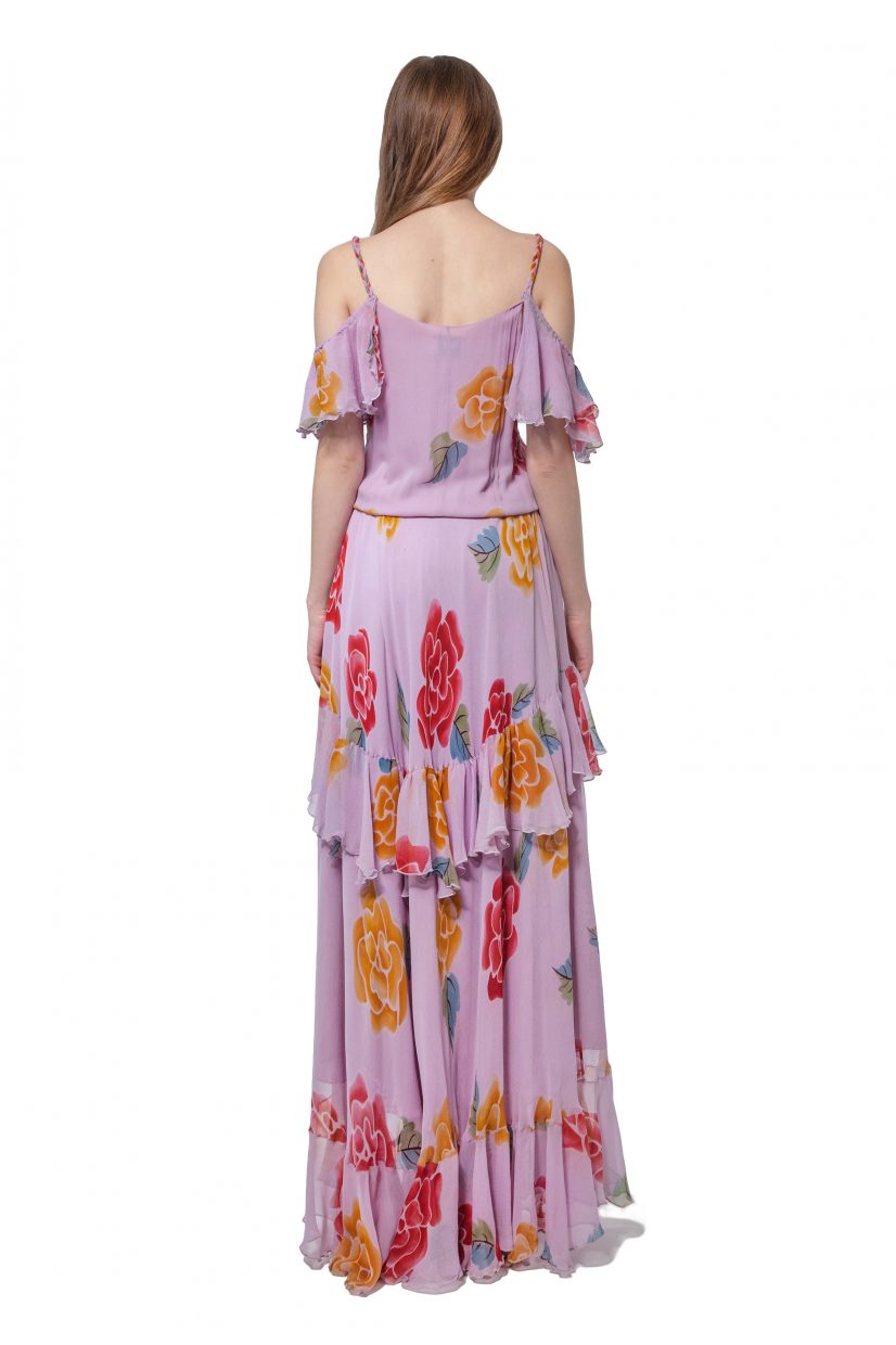 Lilac cold shoulder flower motif dress with flounces 2 - Diana Arno