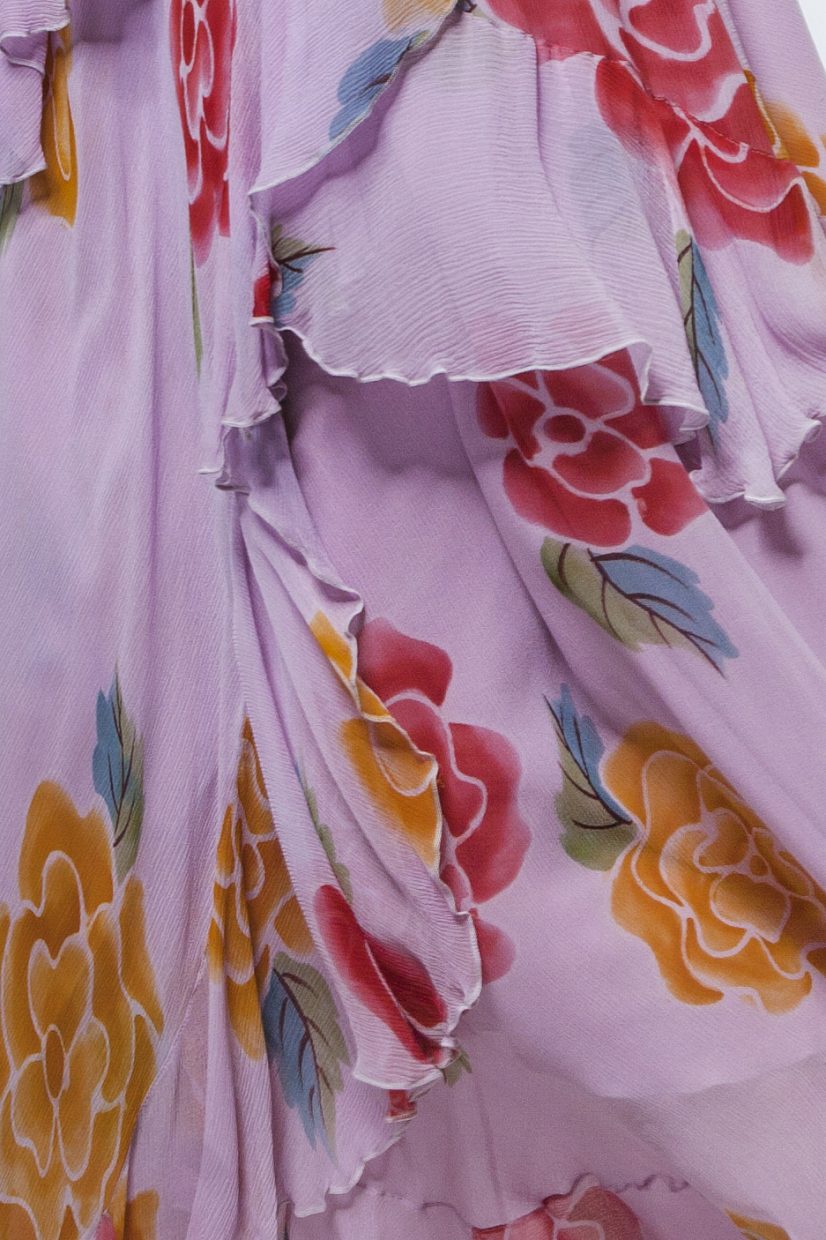 Lilac cold shoulder flower motif dress with flounces