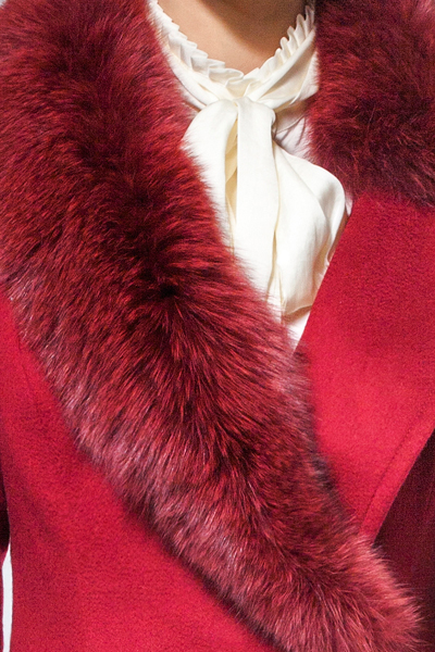 Burgundy A-line coat with fur-trimmed collar
