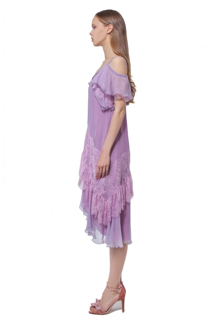Lilac cold shoulder dress with lace and frills 