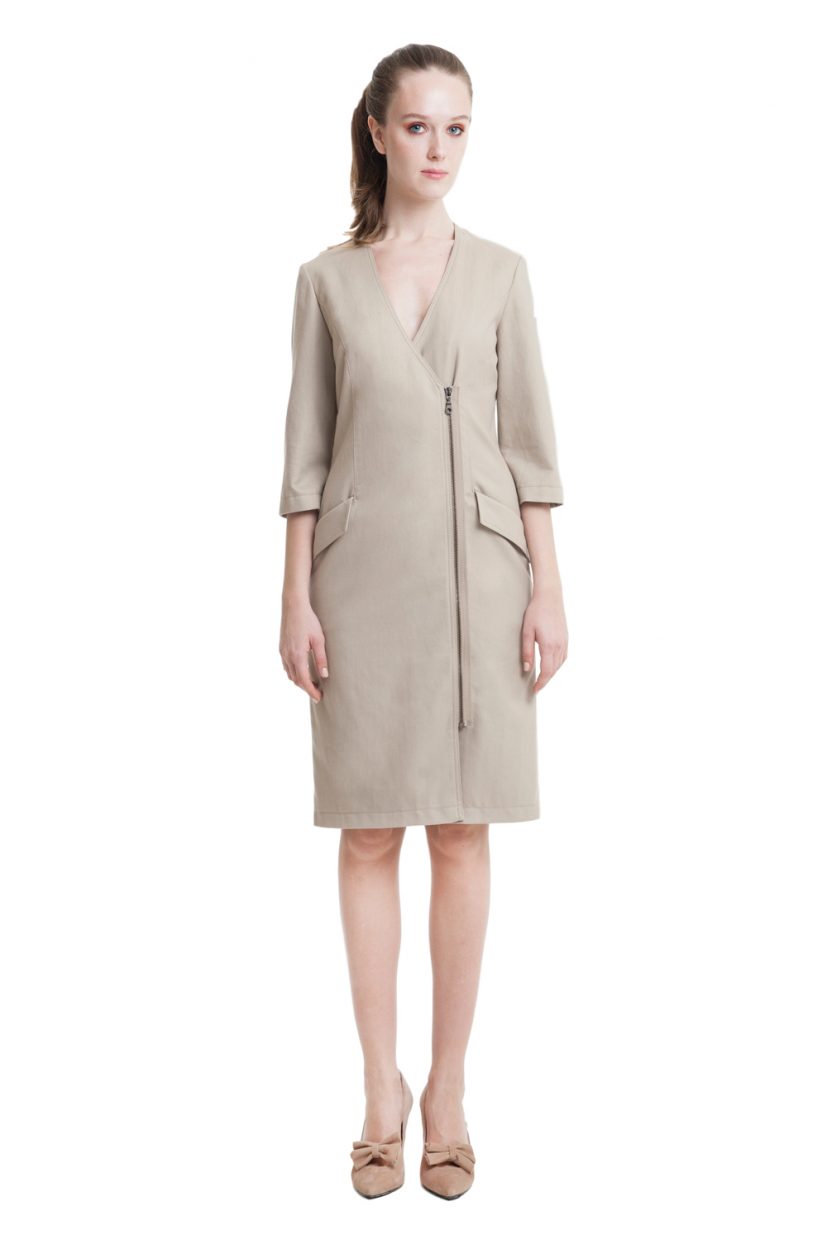 Beige asymmetrical zip fastening office dress 1 - Diana Arno