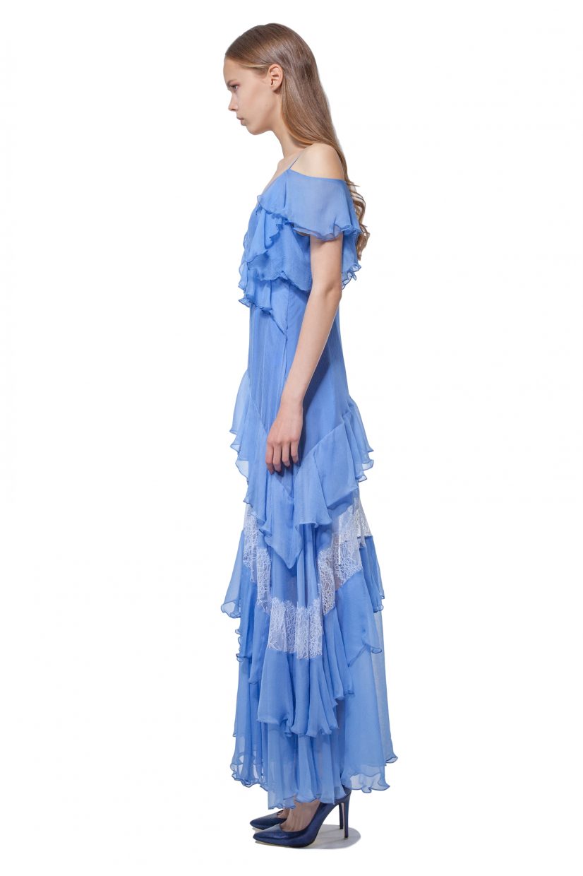 Sky blue silk dress with flounces and lace