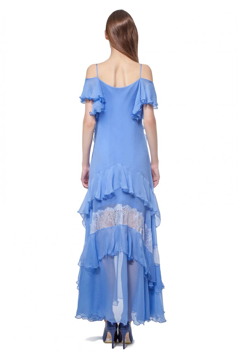 Sky blue silk dress with flounces and lace