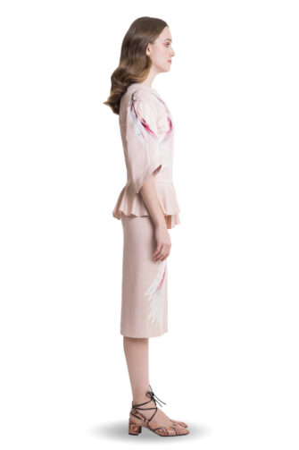 Printed powder pink midi dress with basque
