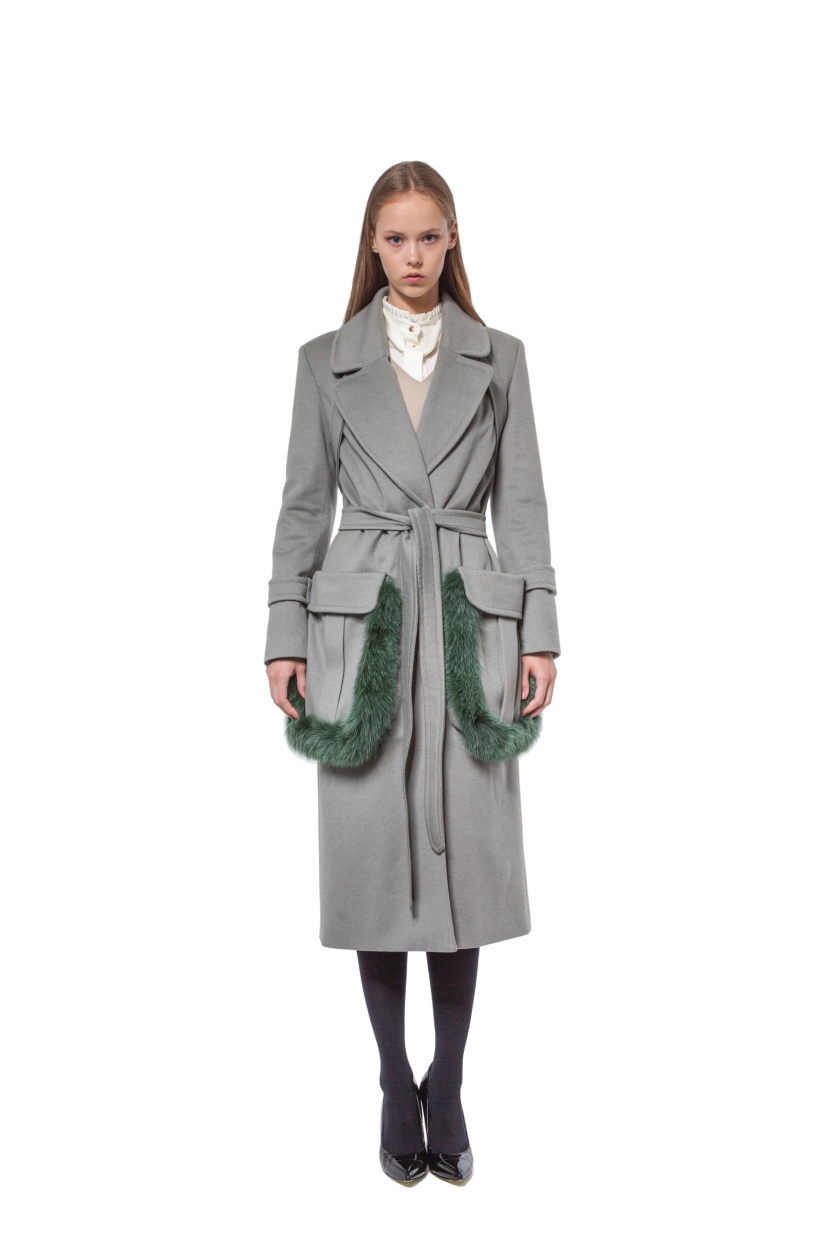 Olive green cashmere coat with fur-trimmed pockets 1 - Diana Arno
