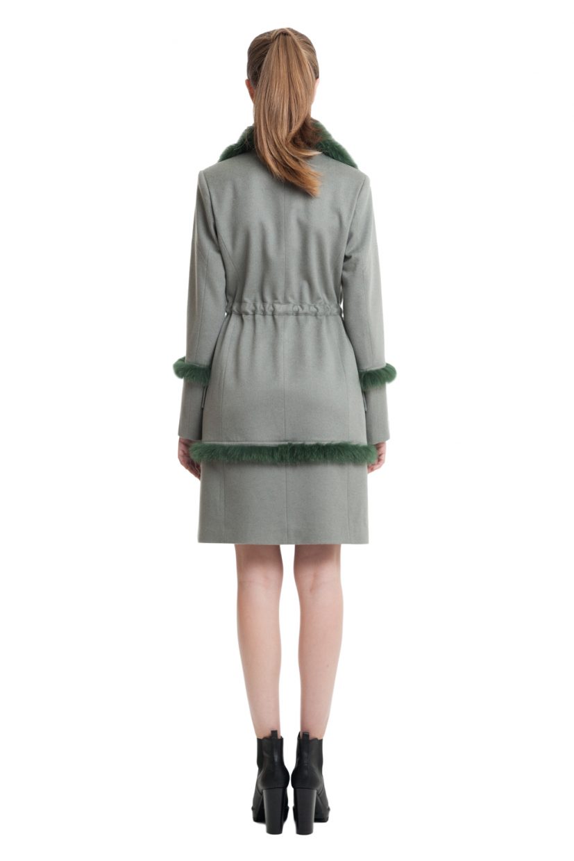 Fur trimmed cashmere coat in olive colour 2 - Diana Arno