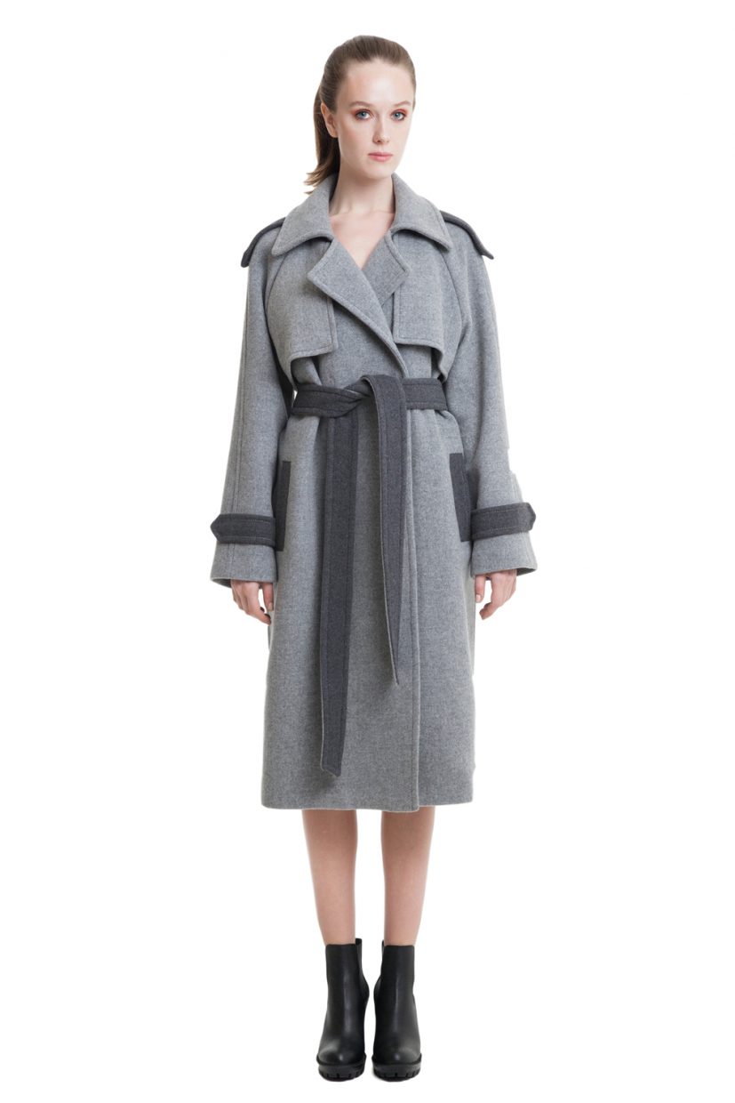 Light grey double breasted coat with belt in two fabrics 1 - Diana Arno