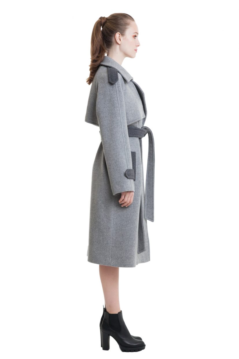 Light grey double breasted coat with belt in two fabrics 3 - Diana Arno