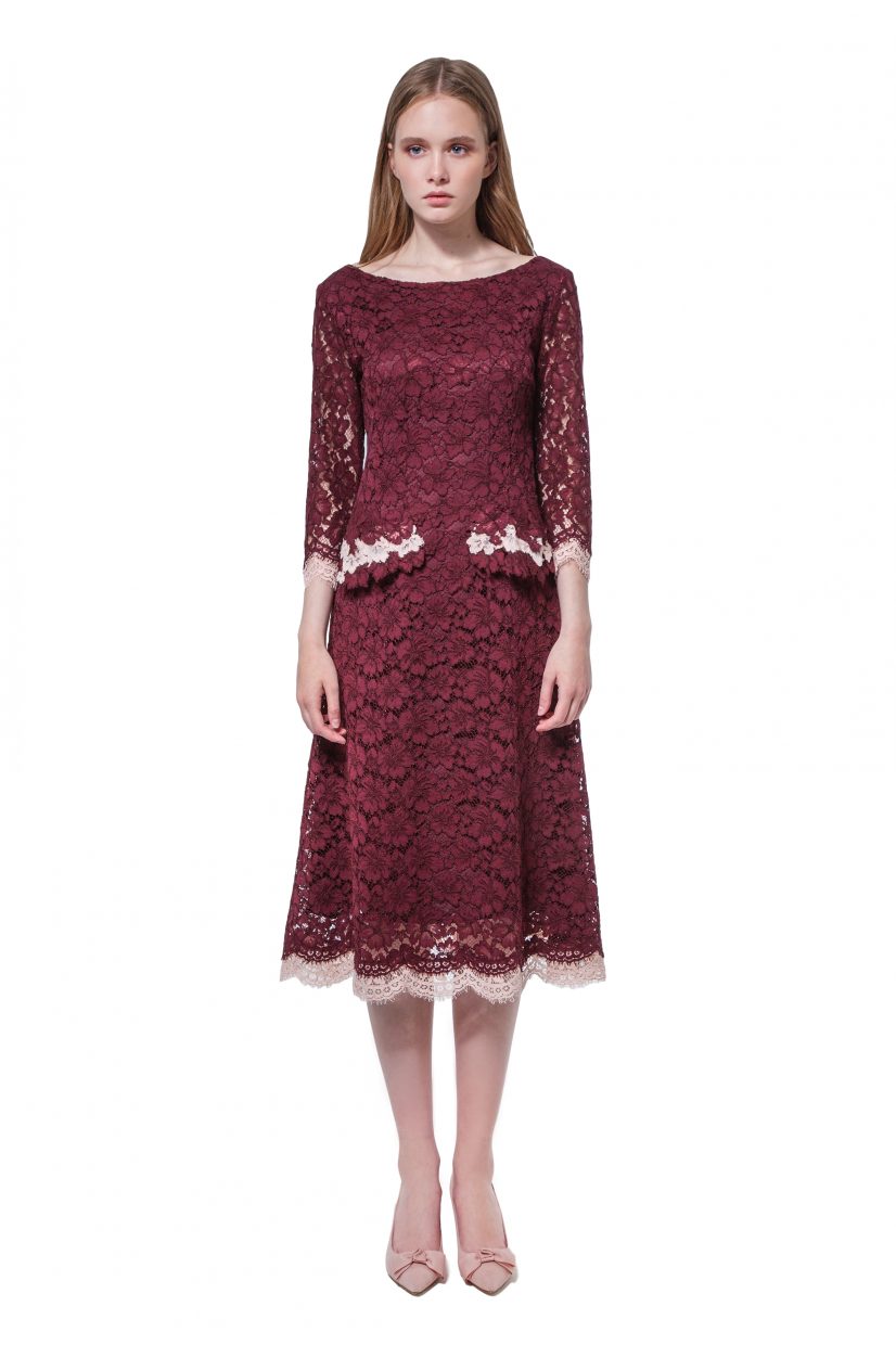 Burgundy lace dress with flower appliqué