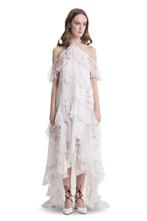 White silk cold shoulder layered dress