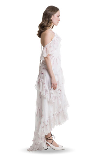 White silk cold shoulder layered dress