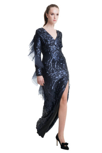 Dark blue sequin dress with organza flounces and side split