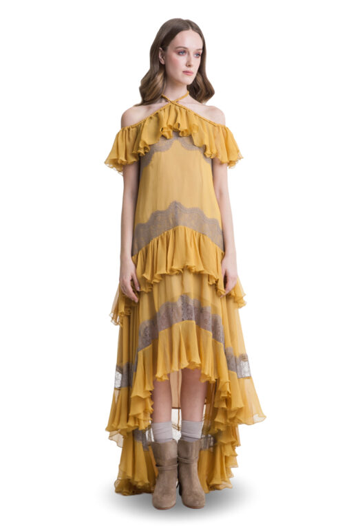 Mustard silk cold shoulder layered maxi dress
