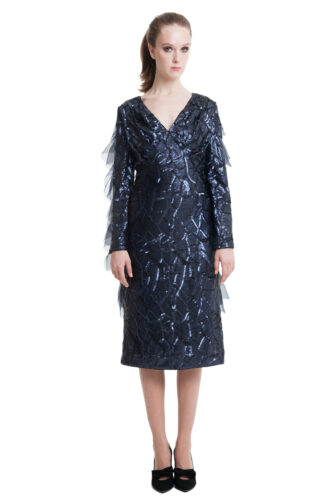 Sequin dark blue midi dress with flounces and bow