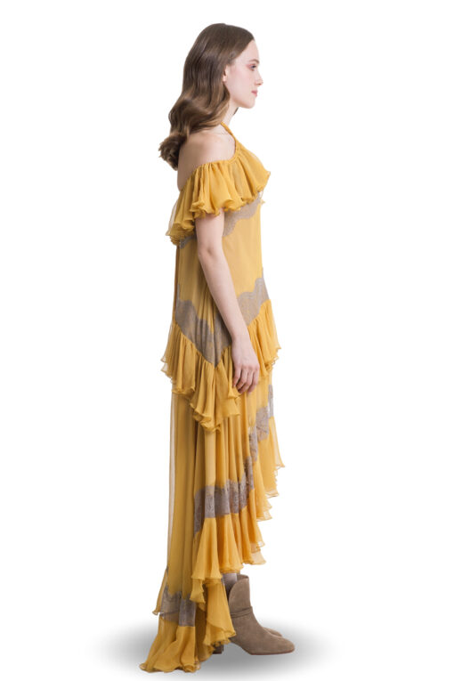 Mustard silk cold shoulder layered maxi dress