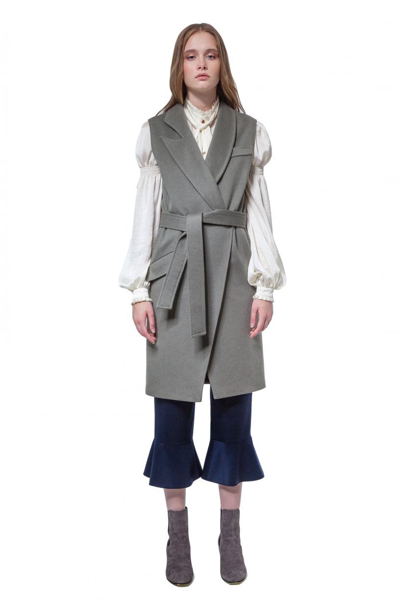 Olive green cashmere vest with belt and snap closure