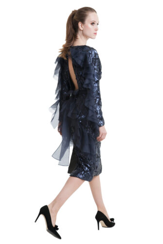 Sequin dark blue midi dress with flounces and bow