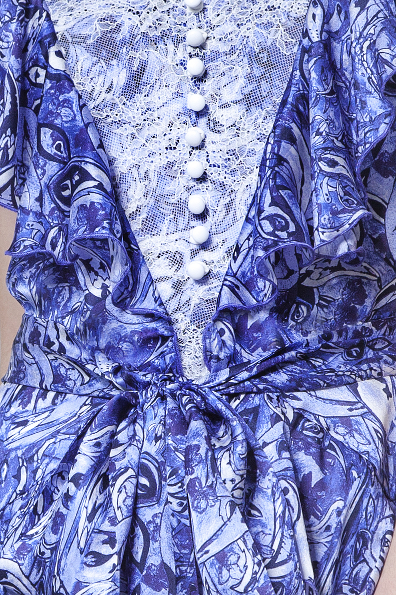 Blue silk dress with flounces and belt