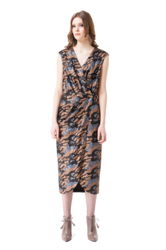 LAUREL sequin wrap dress in grey and bronze camouflage by DIANA ARNO.
