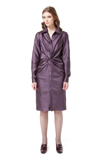 CORA shirt dress in violet mini check with button closure and draped waist by DIANA ARNO
