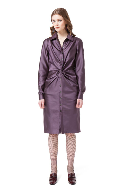 CORA shirt dress in violet mini check with button closure and draped waist by DIANA ARNO