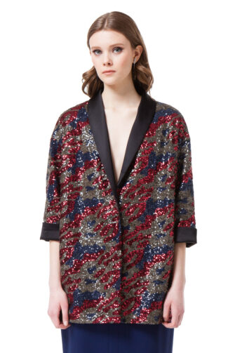 JULIE sequin jacket in red and blue camouflage by DIANA ARNO.