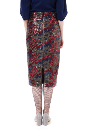 KAYLA sequin pencil skirt in red and blue camouflage by DIANA ARNO.
