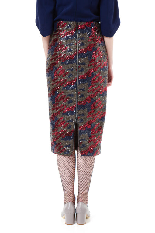 KAYLA sequin pencil skirt in red and blue camouflage by DIANA ARNO.