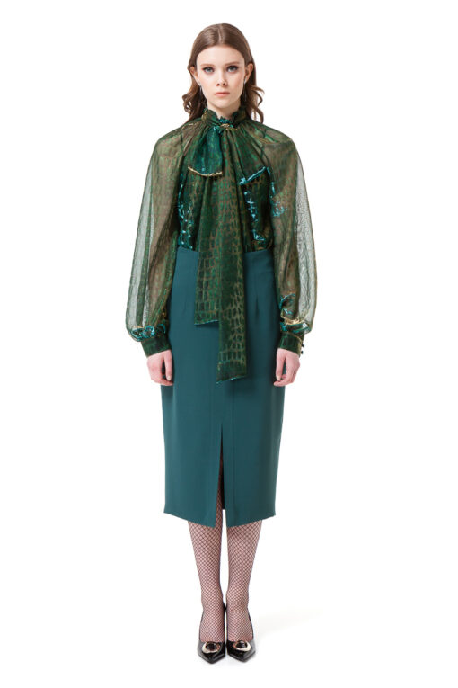 LUISA bow blouse with puff sleeves in sheer green and gold chameleon by DIANA ARNO.