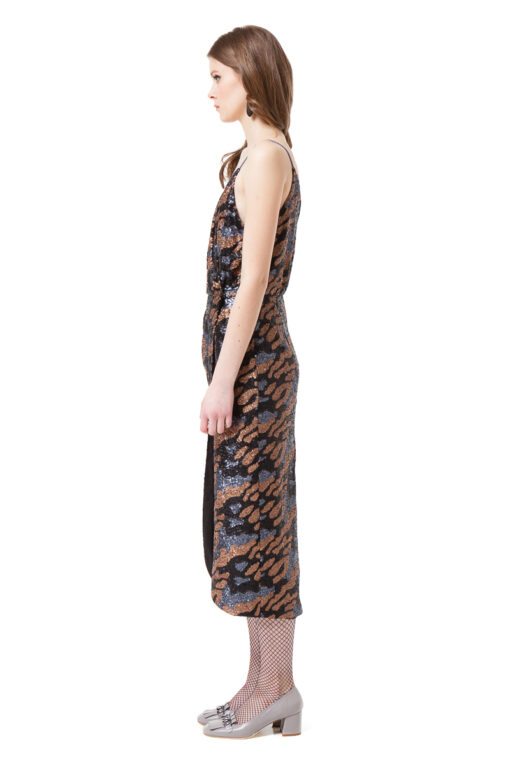 CARINA sequin midi dress in grey and bronze by DIANA ARNO.
