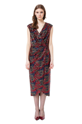 LAUREL sequin wrap dress in red and blue camouflage by DIANA ARNO.