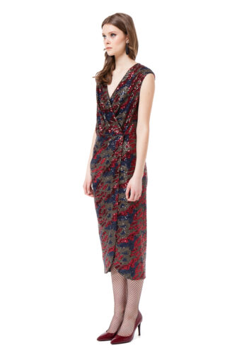 LAUREL sequin wrap dress in red and blue camouflage by DIANA ARNO.