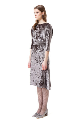 VIVIAN velvet midi dress with drop shoulders and flared hem by DIANA ARNO.