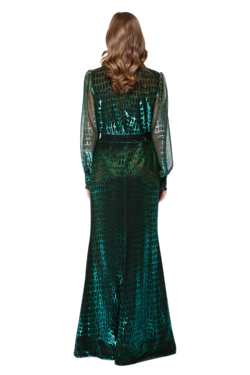 EMILIA wrap maxi dress in green and gold chameleon with long sheer sleeves, draped top and snap fasteners by DIANA ARNO.