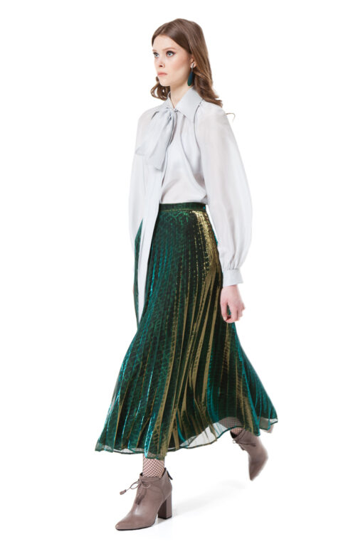 LOLA pleated midi skirt in green and gold chameleon by DIANA ARNO.