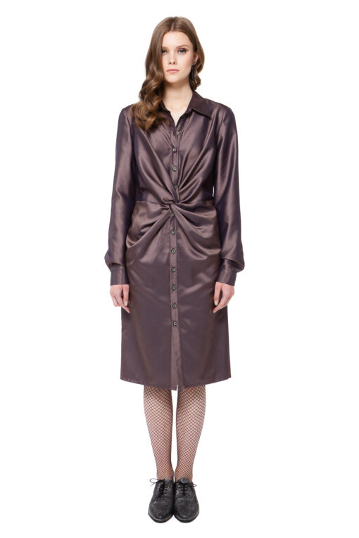 CORA shirt dress in brown check with buttons and draped waist by DIANA ARNO.