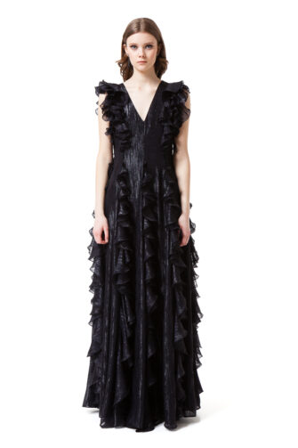 ELISABETH floor-skimming black gown with no sleeves by DIANA ARNO.