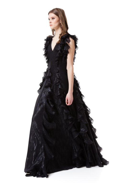 ELISABETH floor-skimming black gown with no sleeves by DIANA ARNO.