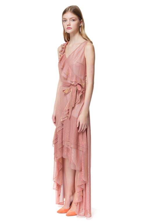 REINA maxi dress with flirty flounces in pink chameleon.