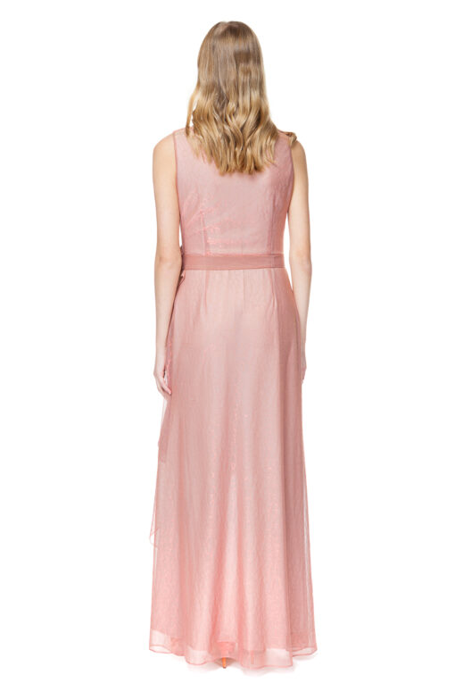 REINA maxi dress with flirty flounces in pink chameleon.